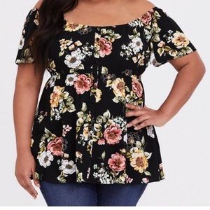 Torrid Babydoll Off Shoulder Top Black Floral Button Front Cottagecore